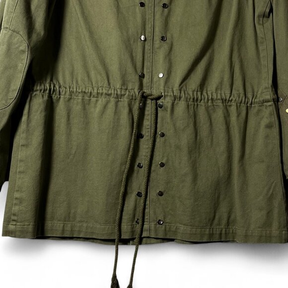 BKE Canvas Jacket Khaki Green Crochet Applique Sudded Snap Zip Front Long Sleeve - Picture 10 of 15